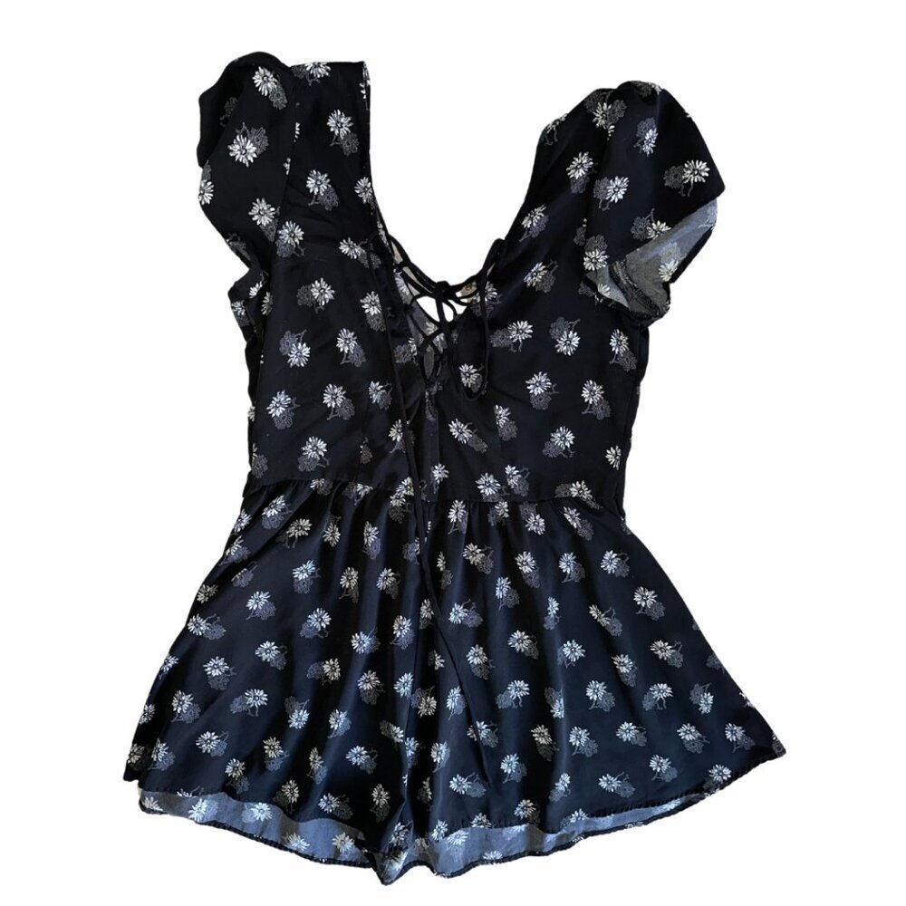 Black White Floral Mini Dress Sundress Flowy Size Small Women